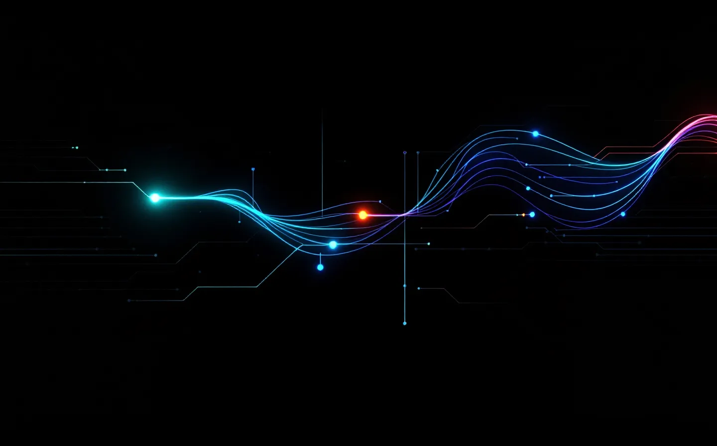 Neon-green-and-cyan hacker-terminal wireframe of two peptide constituent channels running along circuit traces toward a shared repair node, with an amber break marker on the combination link, on a true-black ground